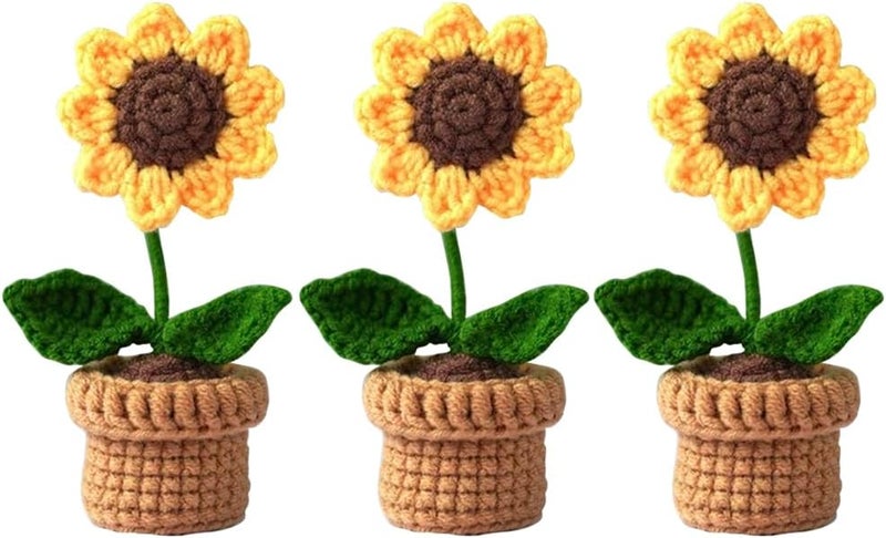 Yangshine 3 Pcs Mini Potted Artificial Flowers Handmade Crochet Flowers Completed Hand Knitted Sunflower for Hone Office Car Dash Decoration,Color#6 - Image 1
