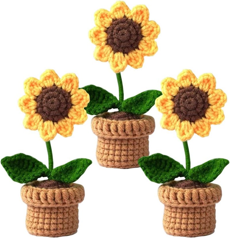 Yangshine 3 Pcs Mini Potted Artificial Flowers Handmade Crochet Flowers Completed Hand Knitted Sunflower for Hone Office Car Dash Decoration,Color#6 - Image 2