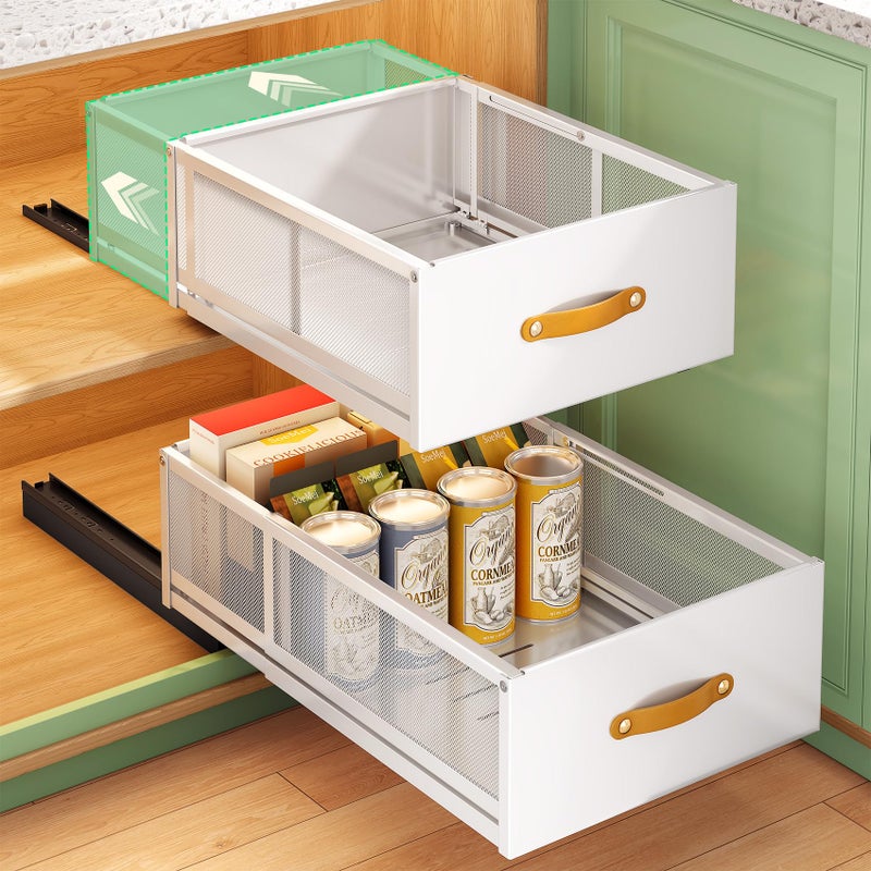 Kitstorack Pull out Cabinet Organizer, Expandable Depth(15.7"-21.7") with Raising Pad for Framed Cabinets, Heavy Duty Slide out Drawers, Adhesive Roll Out Shelves for Kitchen, Pantry Storage(White, 1-Pack) - Image 1