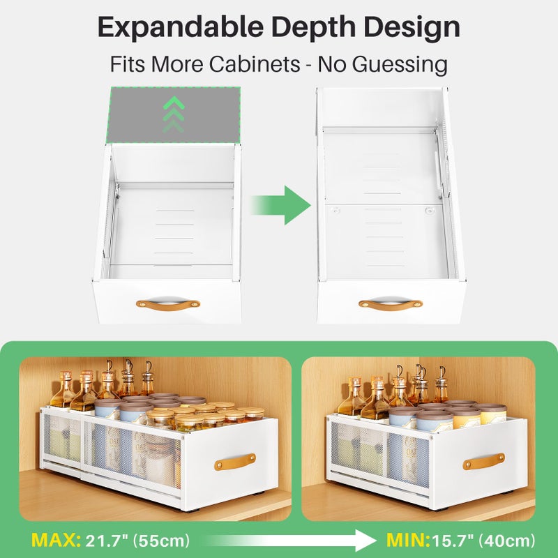 Kitstorack Pull out Cabinet Organizer, Expandable Depth(15.7"-21.7") with Raising Pad for Framed Cabinets, Heavy Duty Slide out Drawers, Adhesive Roll Out Shelves for Kitchen, Pantry Storage(White, 1-Pack) - Image 2