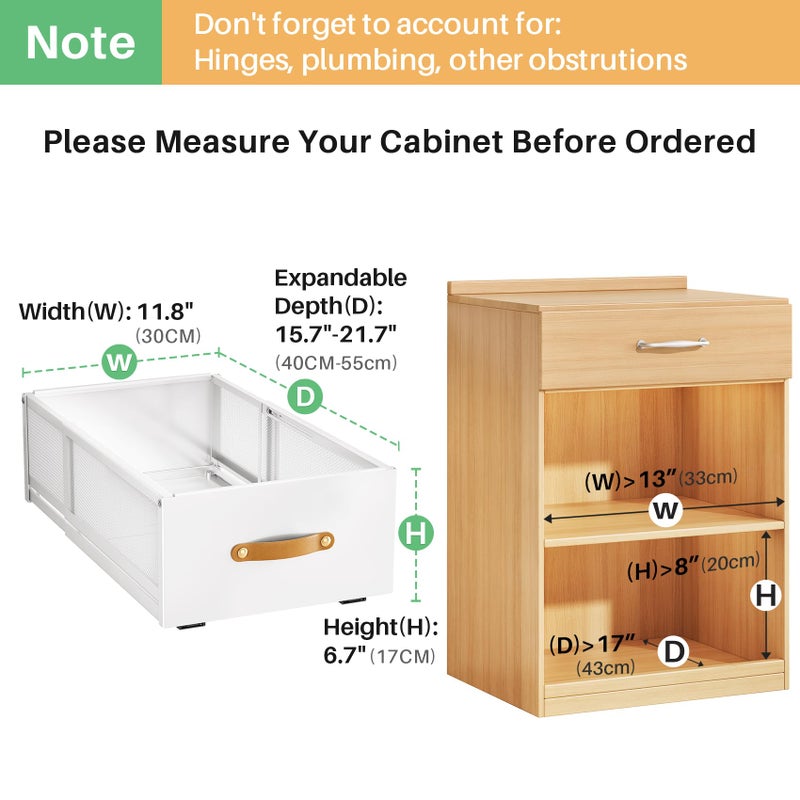 Kitstorack Pull out Cabinet Organizer, Expandable Depth(15.7"-21.7") with Raising Pad for Framed Cabinets, Heavy Duty Slide out Drawers, Adhesive Roll Out Shelves for Kitchen, Pantry Storage(White, 1-Pack) - Image 3