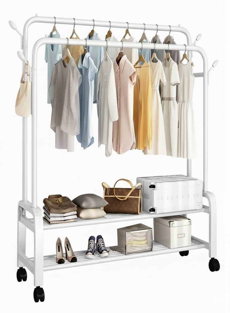 AGD Metal clothes organizer and rack, with wheels, and two shelves below for shoes and boxes, 110x57x150 cm White - Image 1
