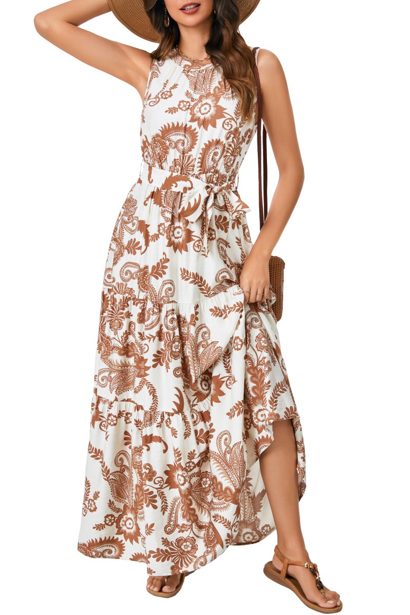 Rooscier Women's Sleeveless Boho Halter Neck Print Tiered A Line Beach Maxi Dress Khaki Medium - Image 1