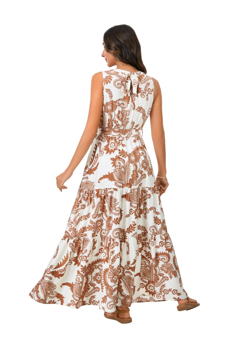 Rooscier Women's Sleeveless Boho Halter Neck Print Tiered A Line Beach Maxi Dress Khaki Medium - Image 5