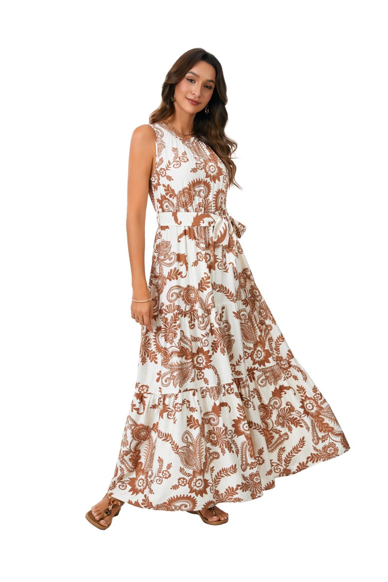 Rooscier Women's Sleeveless Boho Halter Neck Print Tiered A Line Beach Maxi Dress Khaki Medium - Image 4
