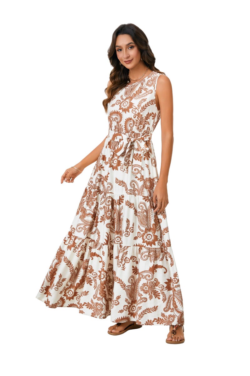 Rooscier Women's Sleeveless Boho Halter Neck Print Tiered A Line Beach Maxi Dress Khaki Medium - Image 3