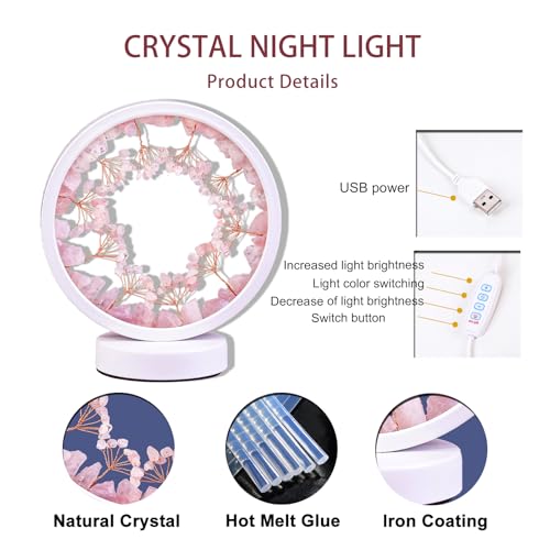Runyangshi Crystal Night Lamp Natural Rose Quartz Crystals Small Tree Bedside Ambient Lamp USB Port 3 Colours Adjustable Lamp Suitable Night Light for Living Room Bedroom Office Home Decor Gift - Image 3