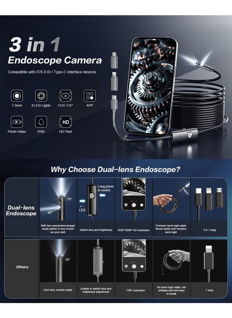 inskam - Dual Lens Endoscope Camera with Light-Borescope Inspection Camera with 8+1 Adjustable LED Lights1980P Endoscope Camera with 16.5ft Semi-Rigid Snake Camera IP68 Waterproof for iPhone iPad Android Phone - Image 1