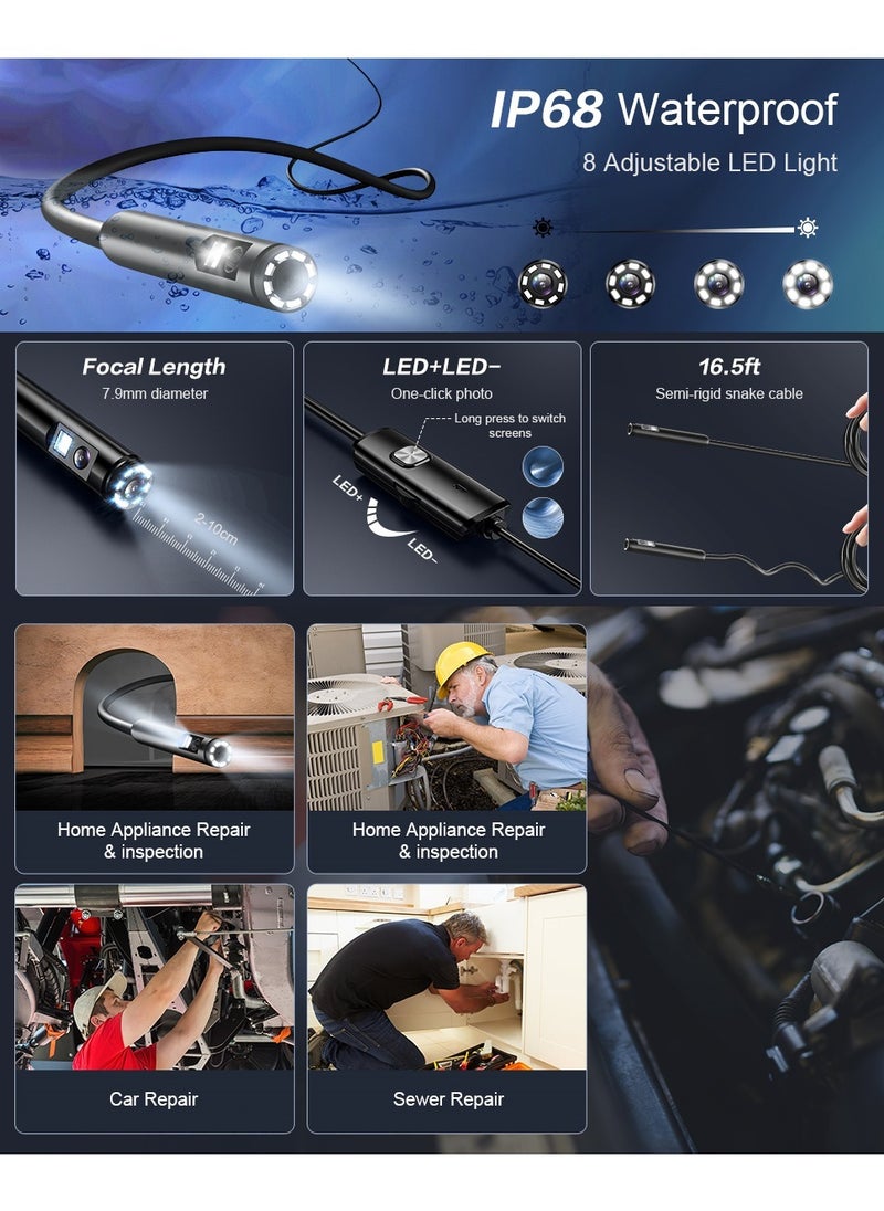 inskam - Dual Lens Endoscope Camera with Light-Borescope Inspection Camera with 8+1 Adjustable LED Lights1980P Endoscope Camera with 16.5ft Semi-Rigid Snake Camera IP68 Waterproof for iPhone iPad Android Phone - Image 1