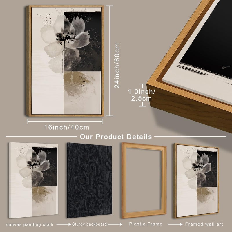 IARTTOP Framed Black Neutral Large Canvas Wall Art 16x24 Inch Minimalist Abstract White Tan Brown Flower Wall Decor Set of 3 for Living Room Bedroom Dining room - Image 2