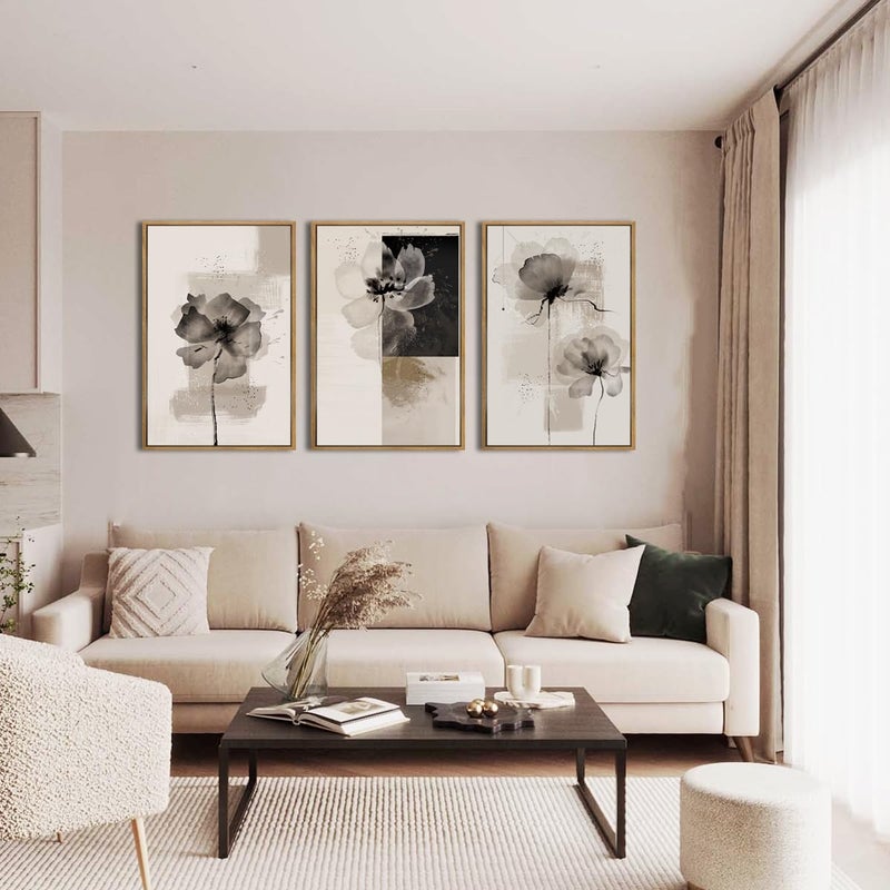 IARTTOP Framed Black Neutral Large Canvas Wall Art 16x24 Inch Minimalist Abstract White Tan Brown Flower Wall Decor Set of 3 for Living Room Bedroom Dining room - Image 3