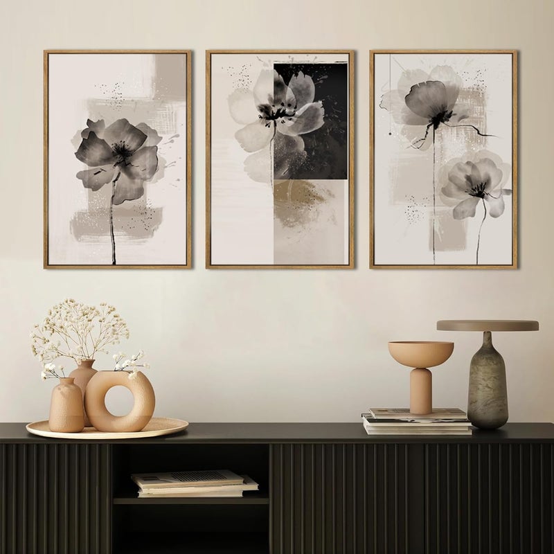 IARTTOP Framed Black Neutral Large Canvas Wall Art 16x24 Inch Minimalist Abstract White Tan Brown Flower Wall Decor Set of 3 for Living Room Bedroom Dining room - Image 4