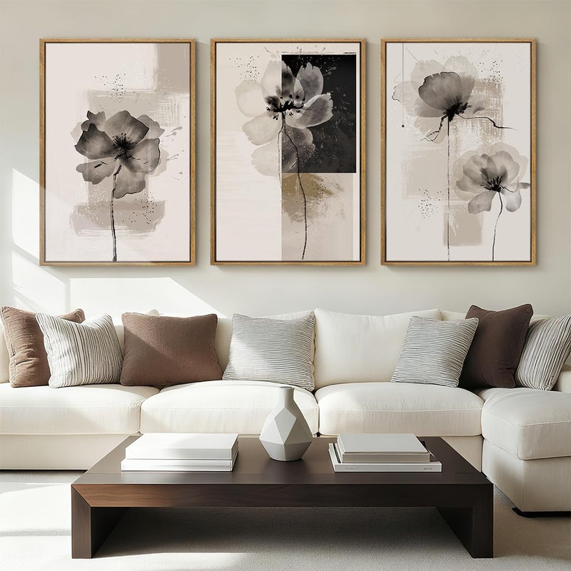 IARTTOP Framed Black Neutral Large Canvas Wall Art 16x24 Inch Minimalist Abstract White Tan Brown Flower Wall Decor Set of 3 for Living Room Bedroom Dining room - Image 1