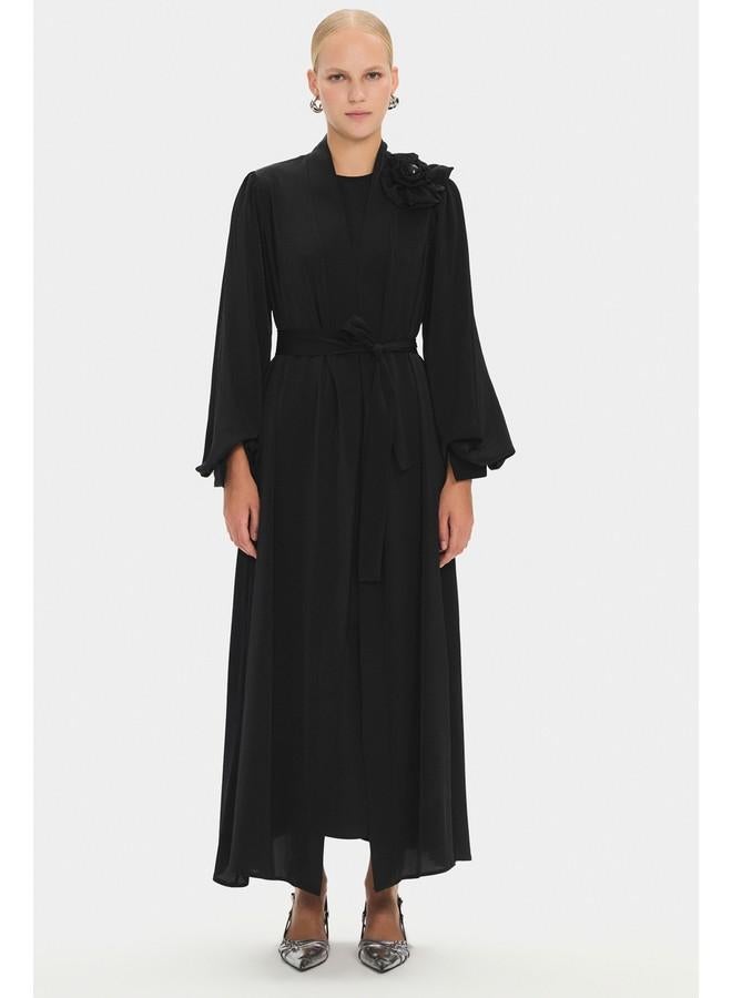 جون عباية نسائية بتفاصيل زهور من جوني - أسود - Image 1