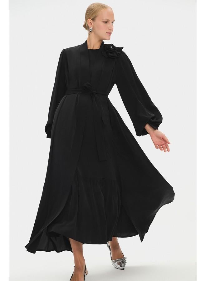 جون عباية نسائية بتفاصيل زهور من جوني - أسود - Image 4