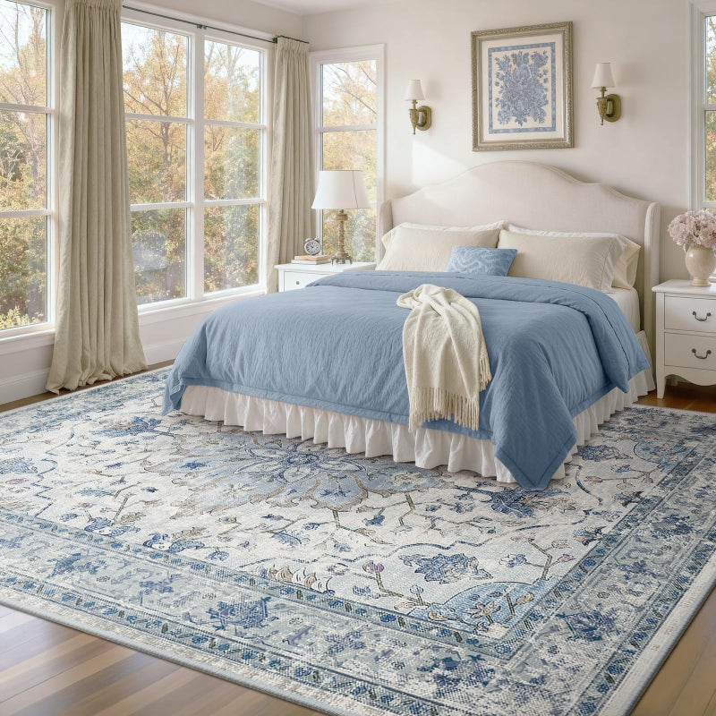 RELEANY Area Rugs 8'x10' Washable Non-Slip, Floral Vintage Distress Print Pattern Medallion Carpet for Living Room Bedroom Dining Room, Light Blue Navy Beige Gray White - Image 2
