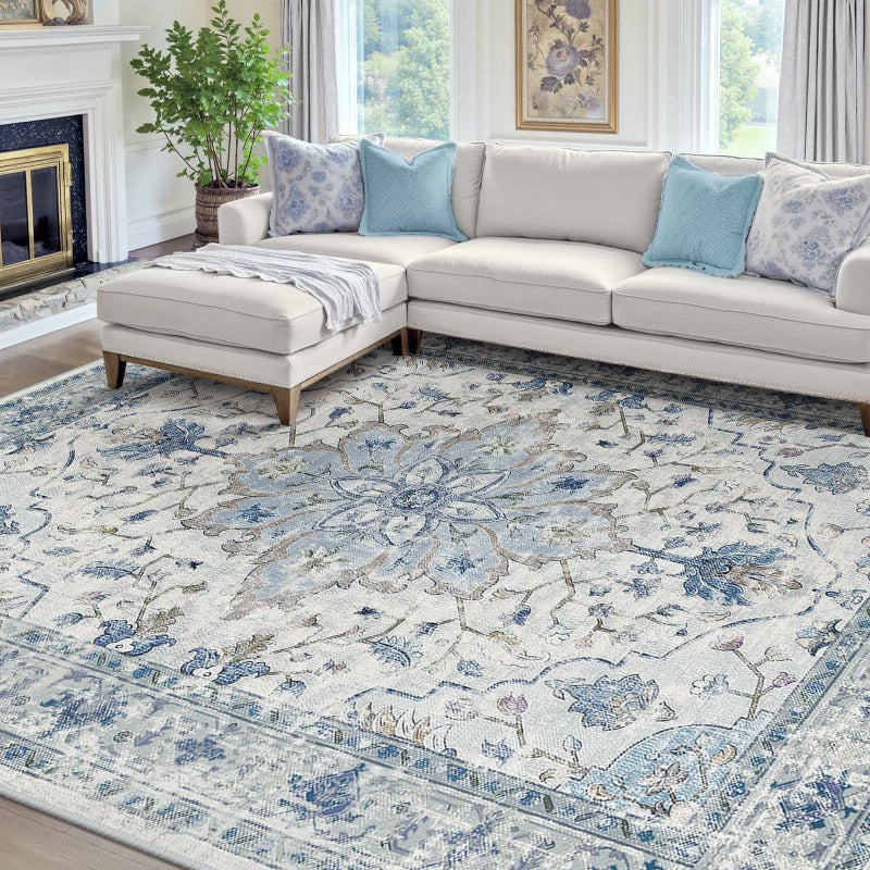 RELEANY Area Rugs 8'x10' Washable Non-Slip, Floral Vintage Distress Print Pattern Medallion Carpet for Living Room Bedroom Dining Room, Light Blue Navy Beige Gray White - Image 1