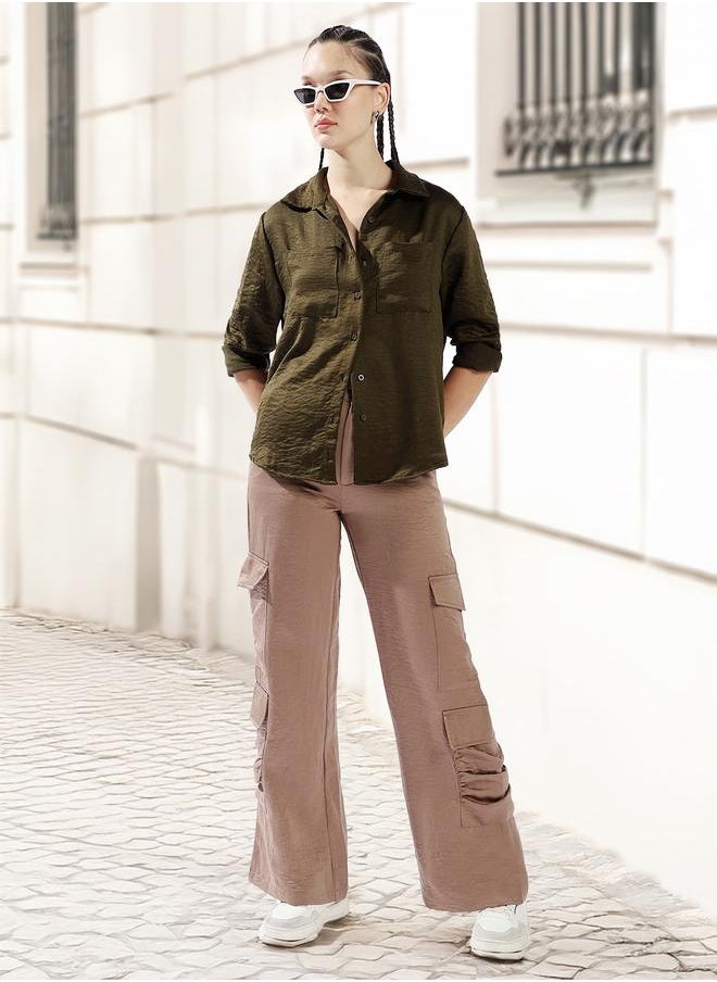 Hubberholme Women Relaxed Fit Textured Satin Casual Shirt  - Image 1