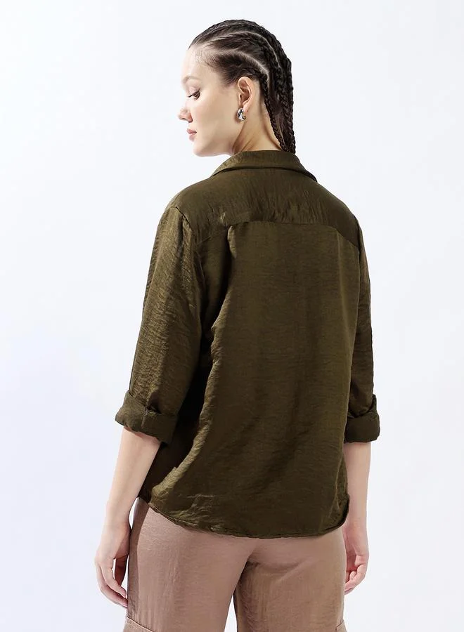 Hubberholme Women's Dark Olive 100% Polyester Solid Pattern Button Down Oversized Shirt