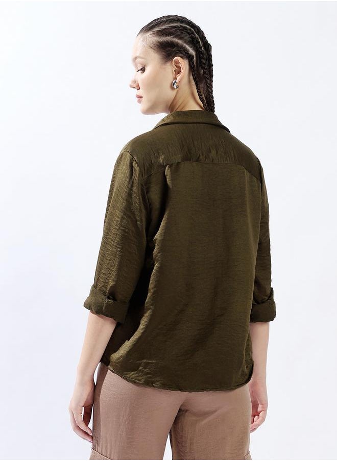 Hubberholme Women Relaxed Fit Textured Satin Casual Shirt  - Image 3