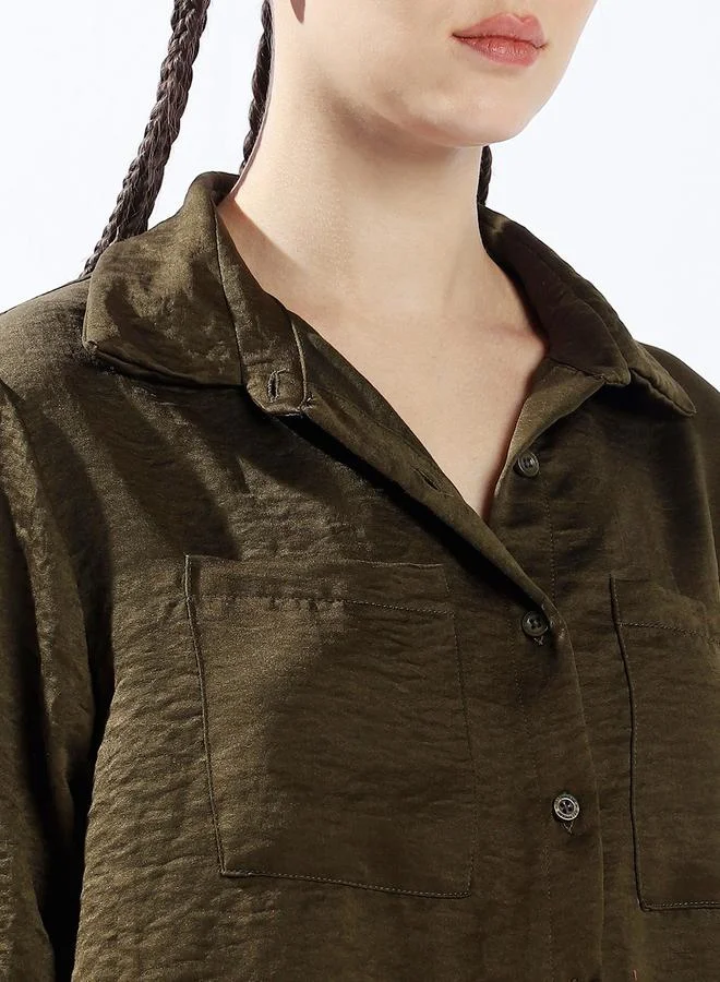 Hubberholme Women's Dark Olive 100% Polyester Solid Pattern Button Down Oversized Shirt