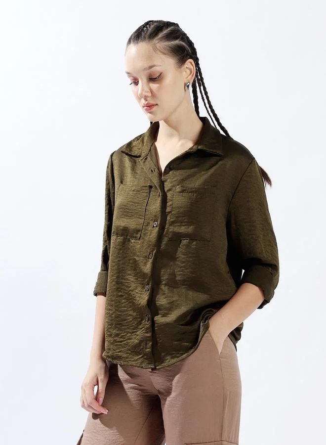 Hubberholme Women's Dark Olive 100% Polyester Solid Pattern Button Down Oversized Shirt