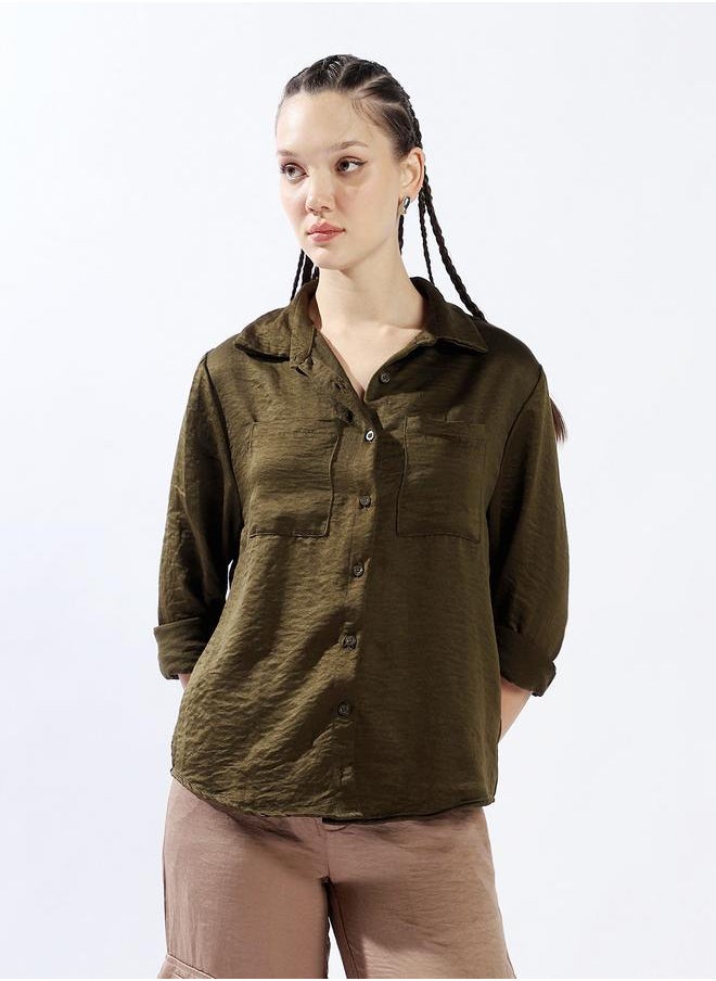 Hubberholme Women Relaxed Fit Textured Satin Casual Shirt  - Image 5
