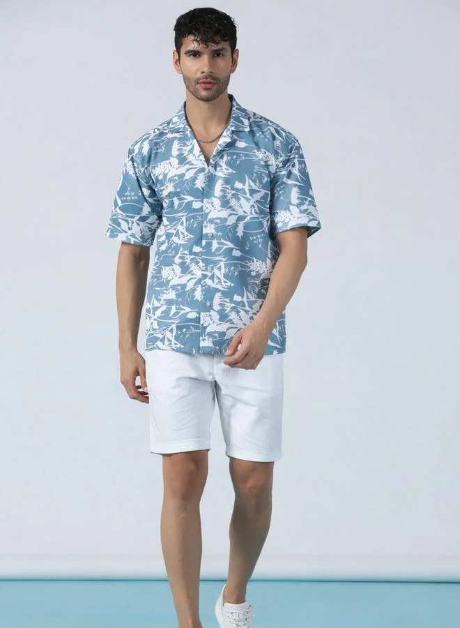 Take Two Men Grey Tropical Print Short Sleeve Shirt