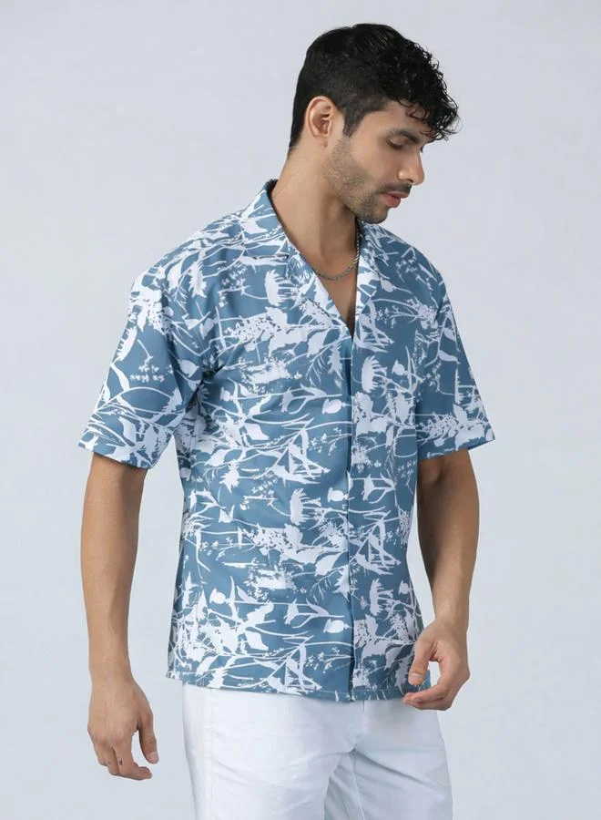 Take Two Men Grey Tropical Print Short Sleeve Shirt