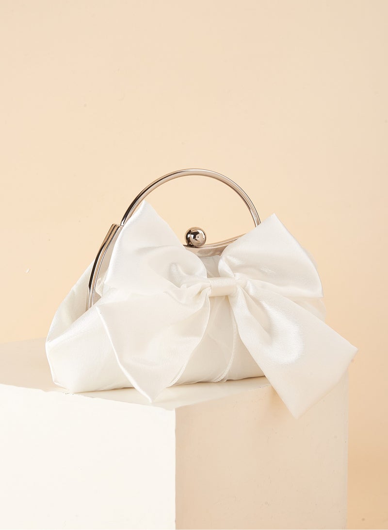 Moonlit EveBag White Evening Bag Fashionable Bow Decor Clip Top, Perfect Bride Purse For Wedding, Prom & Party Events Bow Decor Glossy Metal Chain Kiss Lock Clutch, Elegant Textured Frame Purse, Classic Dinner Evening Bag  - Image 2