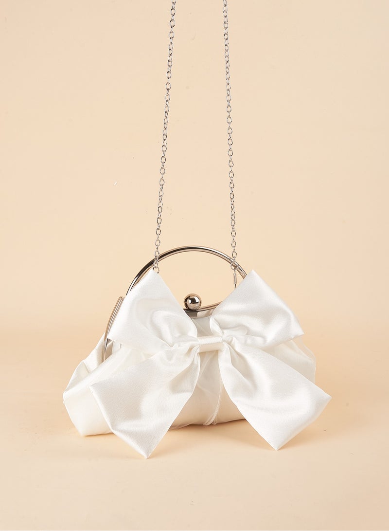 Moonlit EveBag White Evening Bag Fashionable Bow Decor Clip Top, Perfect Bride Purse For Wedding, Prom & Party Events Bow Decor Glossy Metal Chain Kiss Lock Clutch, Elegant Textured Frame Purse, Classic Dinner Evening Bag  - Image 4