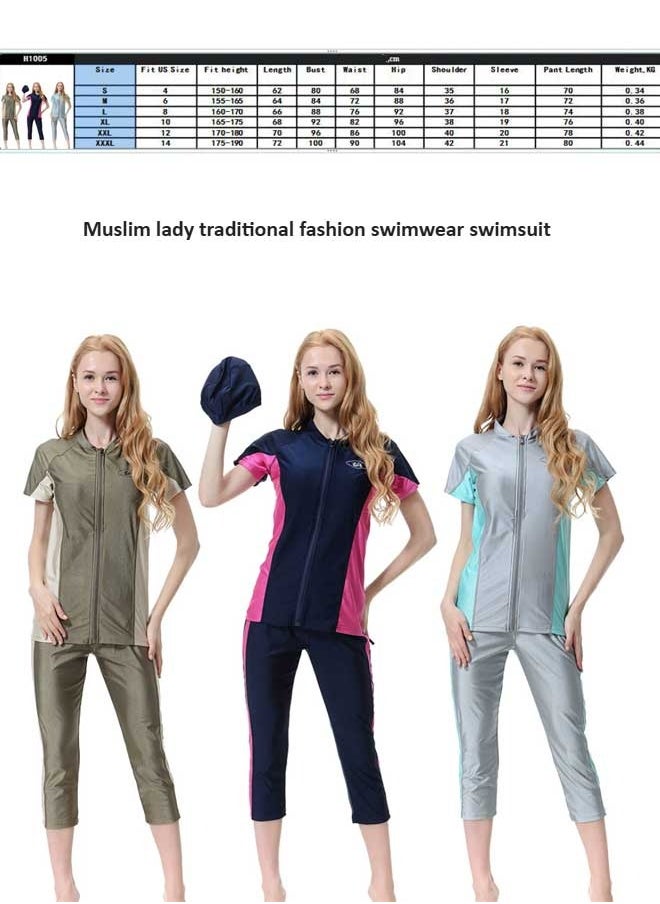 Loquat - 3-Piece Burkini Muslim Conservative Islamic  Swimwear Set Navy Blue/Pink - Image 1