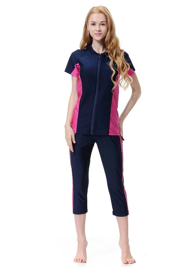 Loquat - 3-Piece Burkini Muslim Conservative Islamic  Swimwear Set Navy Blue/Pink - Image 1