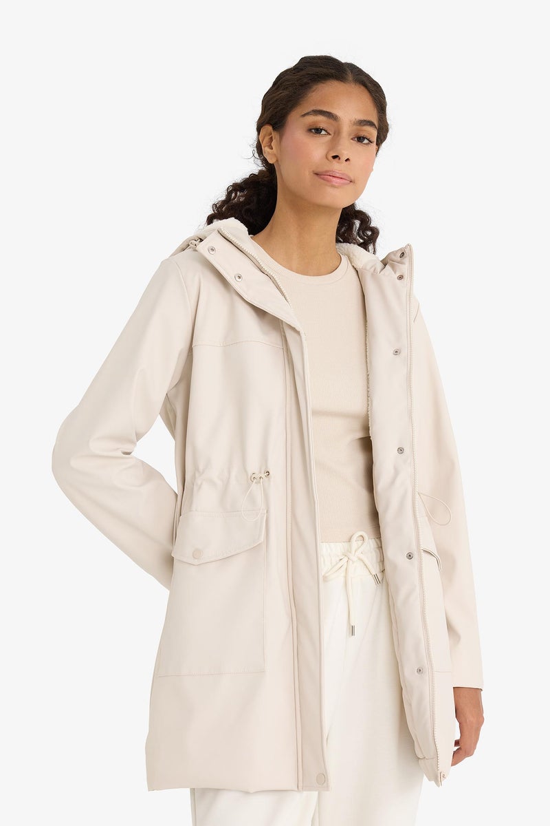 DeFacto Beige Woman Regular Fit Faux Leather Raincoat Casual - Image 4