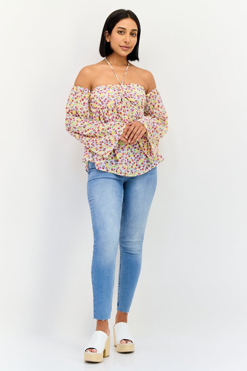 Bershka Women Off Shoulder Long Sleeve Floral Print Blouse, Multicolor - Image 4