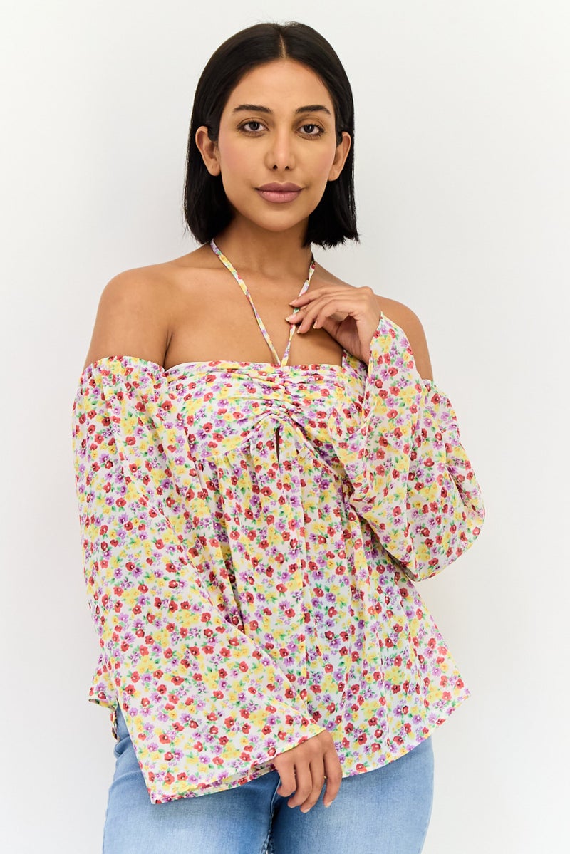Bershka Women Off Shoulder Long Sleeve Floral Print Blouse, Multicolor - Image 1