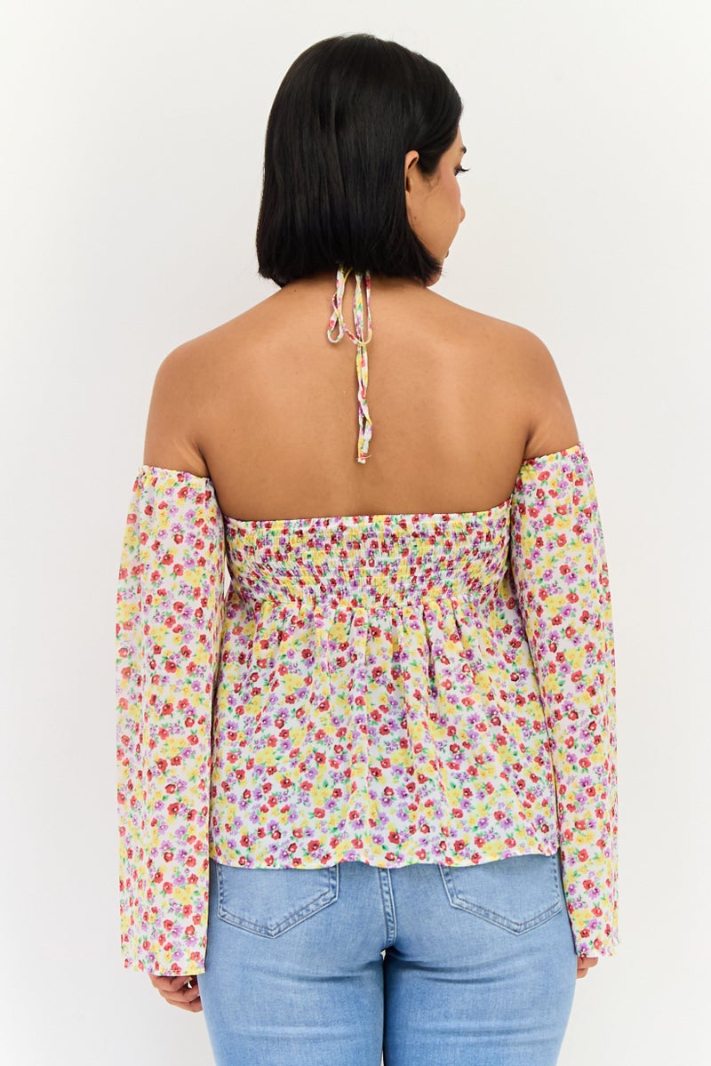 Bershka Women Off Shoulder Long Sleeve Floral Print Blouse, Multicolor - Image 3