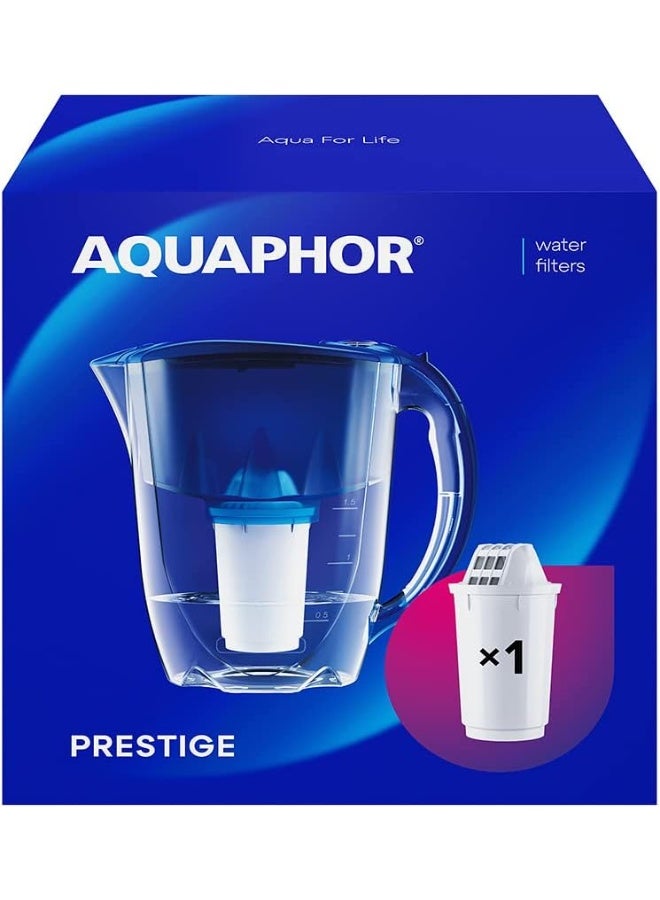Aquaphor Prestige Water Filter Jug, + 1 Extra Cartridge, 2.8L Capacity, Slider Lid and Compact Design, Reduces Chlorine, Rust, Heavy Metals, Phenols & Organic Compounds, Provides Odorless and Tasty Water, BPA-Free, Fridge-Friendly Water Purifier Jug for Daily Use (Cobalt Blue) - Image 1