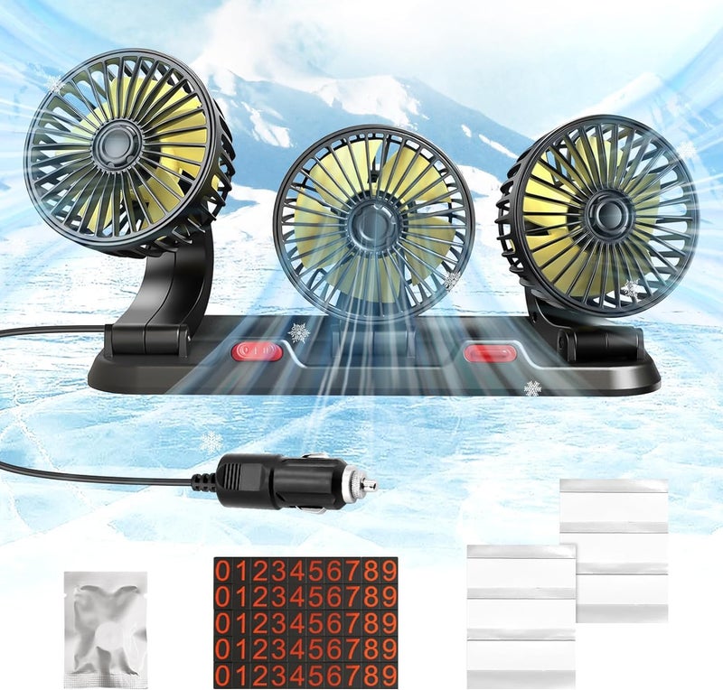 AutoBizarre 12V Electric Car Cooling Fan 360° Rotatable Triple Heads Air Circulator Fan Manual Rotation 2 Speed for All Cars (Black) - Image 1