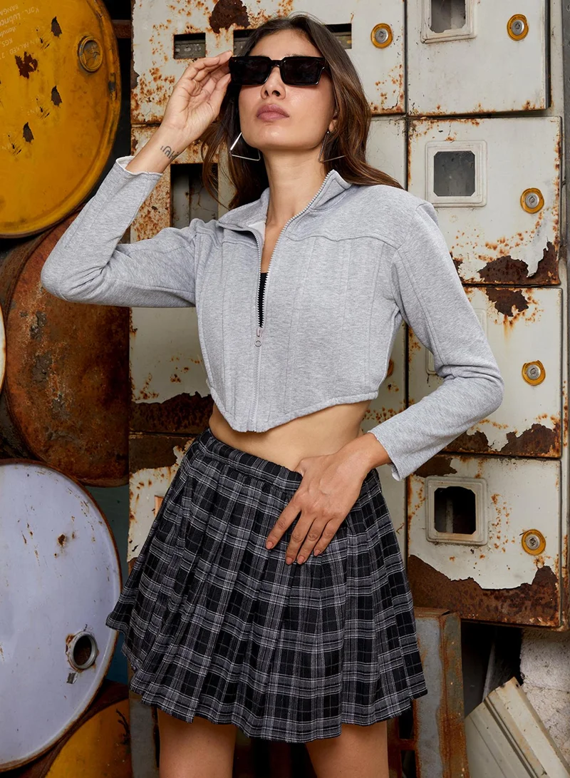 Campus Sutra Women's Light Grey Zip-Front Corset Hoodie For Casual Wear | High Neck | Long Regular Sleeves | Zipper Closure | Sweatshirt Crafted With Comfort Fit For Everyday Wear