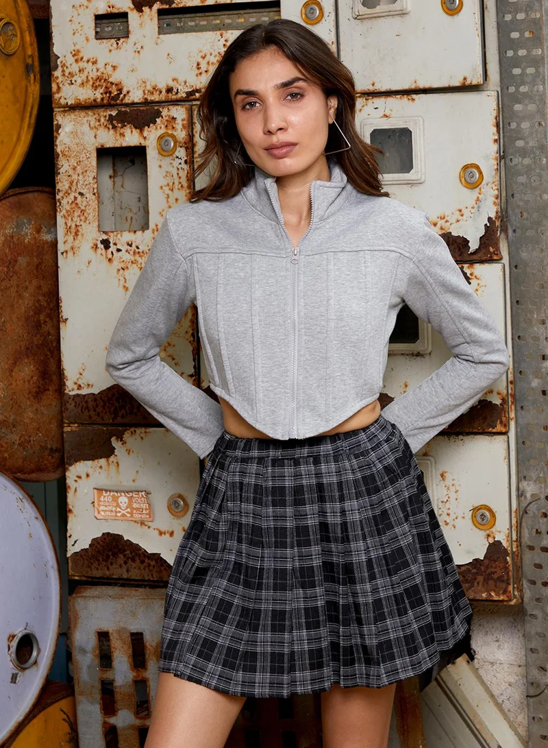 Campus Sutra Women's Light Grey Zip-Front Corset Hoodie For Casual Wear | High Neck | Long Regular Sleeves | Zipper Closure | Sweatshirt Crafted With Comfort Fit For Everyday Wear