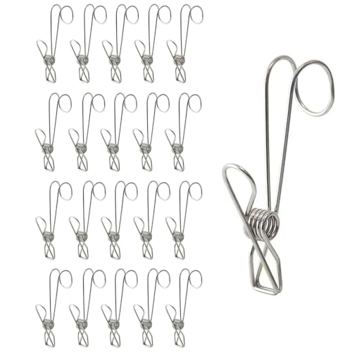 Fapiwen 20pcs Stainless Steel Long Tail Clip with Hooks, Clothes Drying Clips, Hanging Clips for Clothes Hook Type, Clothes Pegs for Kitchen Bathroom Office - Image 1