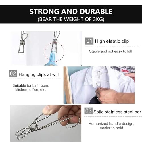 Fapiwen 20pcs Stainless Steel Long Tail Clip with Hooks, Clothes Drying Clips, Hanging Clips for Clothes Hook Type, Clothes Pegs for Kitchen Bathroom Office - Image 3