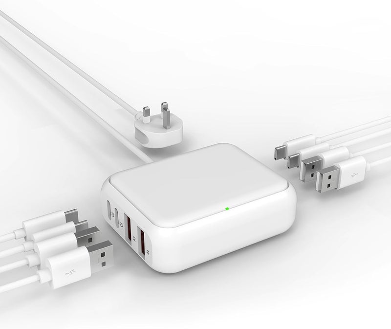في اتش بي دبليو شاحن USB بـ 8 منافذ، محطة شحن USB-C متعددة المنافذ، شاحن سريع بمنافذ USB-C وUSB-A، محطة شحن للسفر والتخييم متوافقة مع الهواتف وسماعات الأذن (أبيض) - Image 1