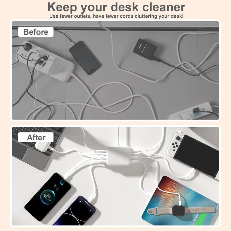 في اتش بي دبليو شاحن USB بـ 8 منافذ، محطة شحن USB-C متعددة المنافذ، شاحن سريع بمنافذ USB-C وUSB-A، محطة شحن للسفر والتخييم متوافقة مع الهواتف وسماعات الأذن (أبيض) - Image 4
