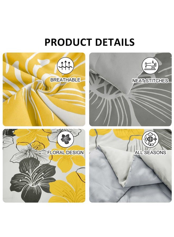 Luxudecor Yellow Comforter Set King Size, Yellow Floral Pattern Printed on Light Grey, Soft Microfiber 7 Pieces Bed in a Bag (1 Comforter, 2 Pillow Shams, 1 Flat Sheet, 1 Fitted Sheet, 2 Pillowcases) - Image 3