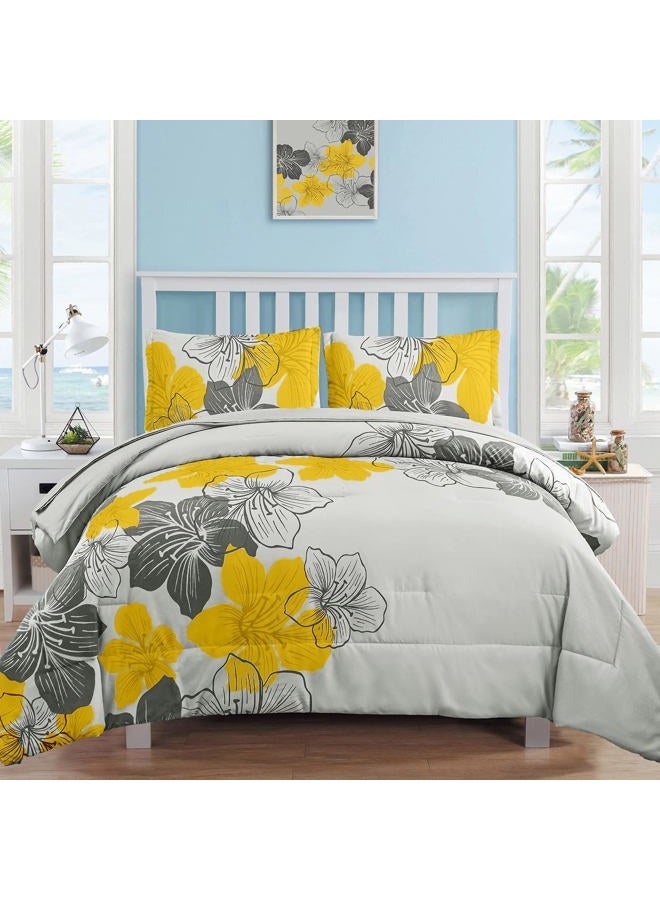 Luxudecor Yellow Comforter Set King Size, Yellow Floral Pattern Printed on Light Grey, Soft Microfiber 7 Pieces Bed in a Bag (1 Comforter, 2 Pillow Shams, 1 Flat Sheet, 1 Fitted Sheet, 2 Pillowcases) - Image 1