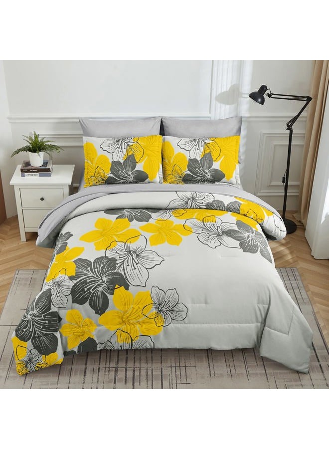 Luxudecor Yellow Comforter Set King Size, Yellow Floral Pattern Printed on Light Grey, Soft Microfiber 7 Pieces Bed in a Bag (1 Comforter, 2 Pillow Shams, 1 Flat Sheet, 1 Fitted Sheet, 2 Pillowcases) - Image 4