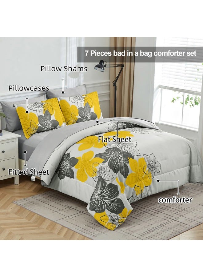 Luxudecor Yellow Comforter Set King Size, Yellow Floral Pattern Printed on Light Grey, Soft Microfiber 7 Pieces Bed in a Bag (1 Comforter, 2 Pillow Shams, 1 Flat Sheet, 1 Fitted Sheet, 2 Pillowcases) - Image 2