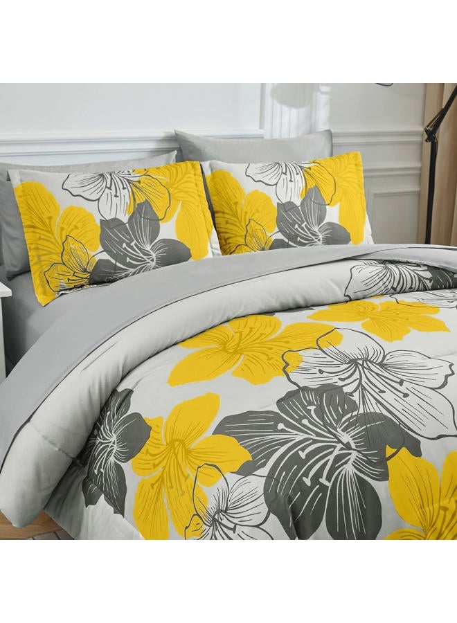 Luxudecor Yellow Comforter Set King Size, Yellow Floral Pattern Printed on Light Grey, Soft Microfiber 7 Pieces Bed in a Bag (1 Comforter, 2 Pillow Shams, 1 Flat Sheet, 1 Fitted Sheet, 2 Pillowcases) - Image 5